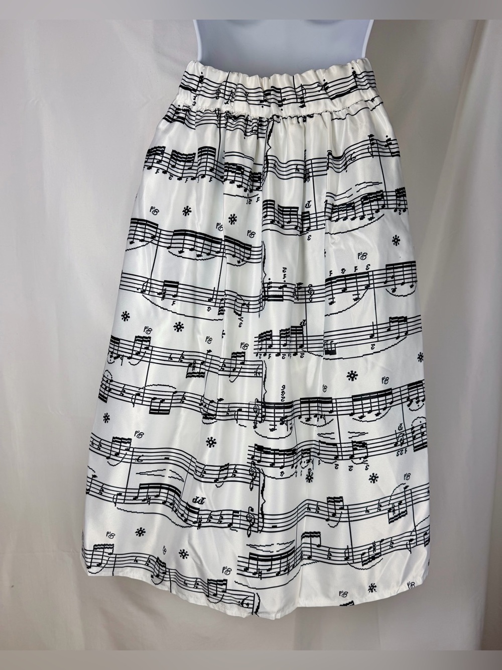 Music Note Print Pleated Midi Skirt White Black Satin Elastic Waist Retro - S - Picture 2 of 5
